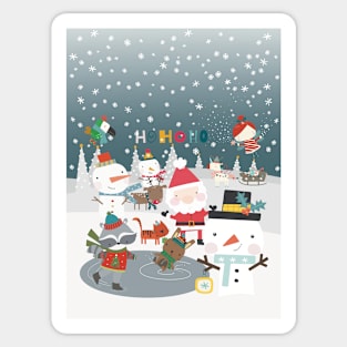 Fun greeting card with Santa and friends having a Christmas party outside Sticker